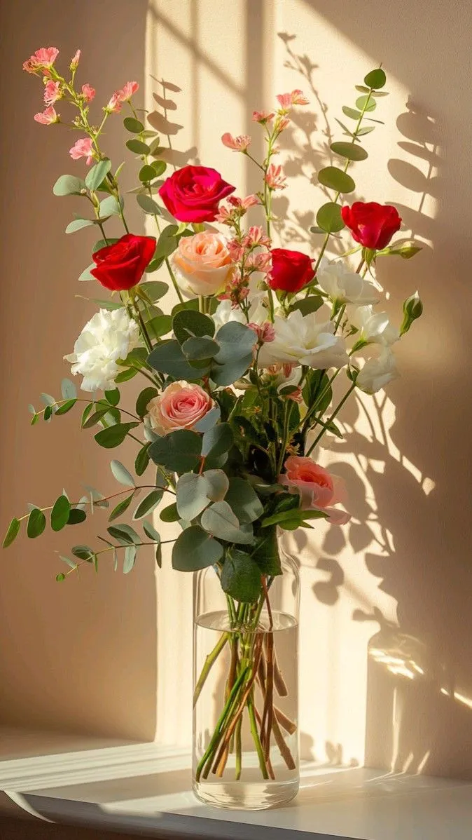 Arranjo de rosas, flores do campo e eucalipto num vaso de vidro, na luz da janela